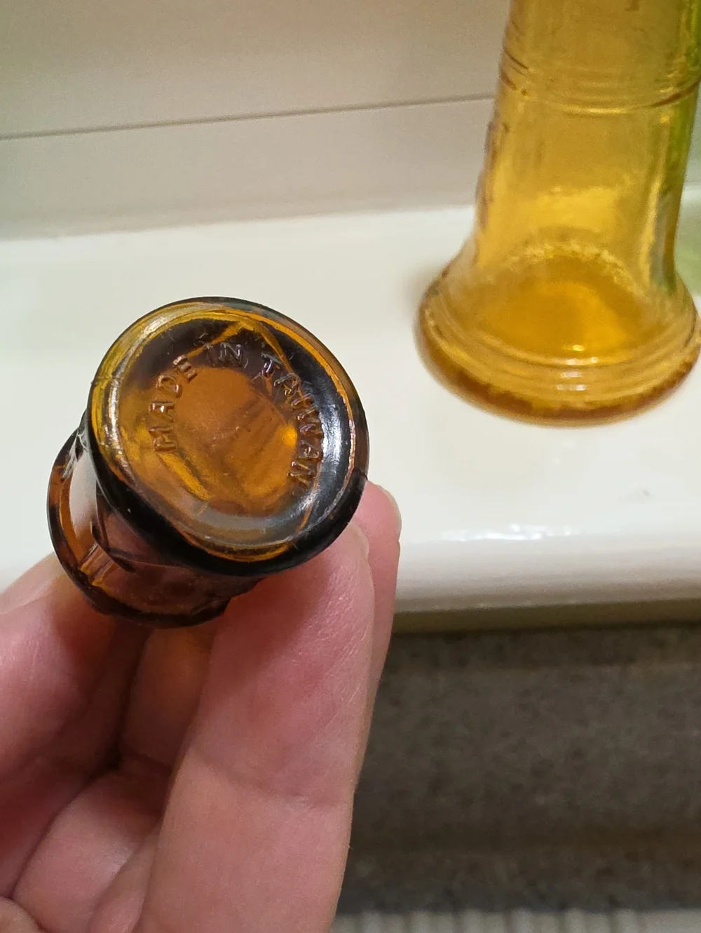 Vintage Green and Amber Miniature Decorative Glass Bottles - Home Accents